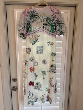ALEMAIS inspired Tropical Print Midi Dress in White - Large